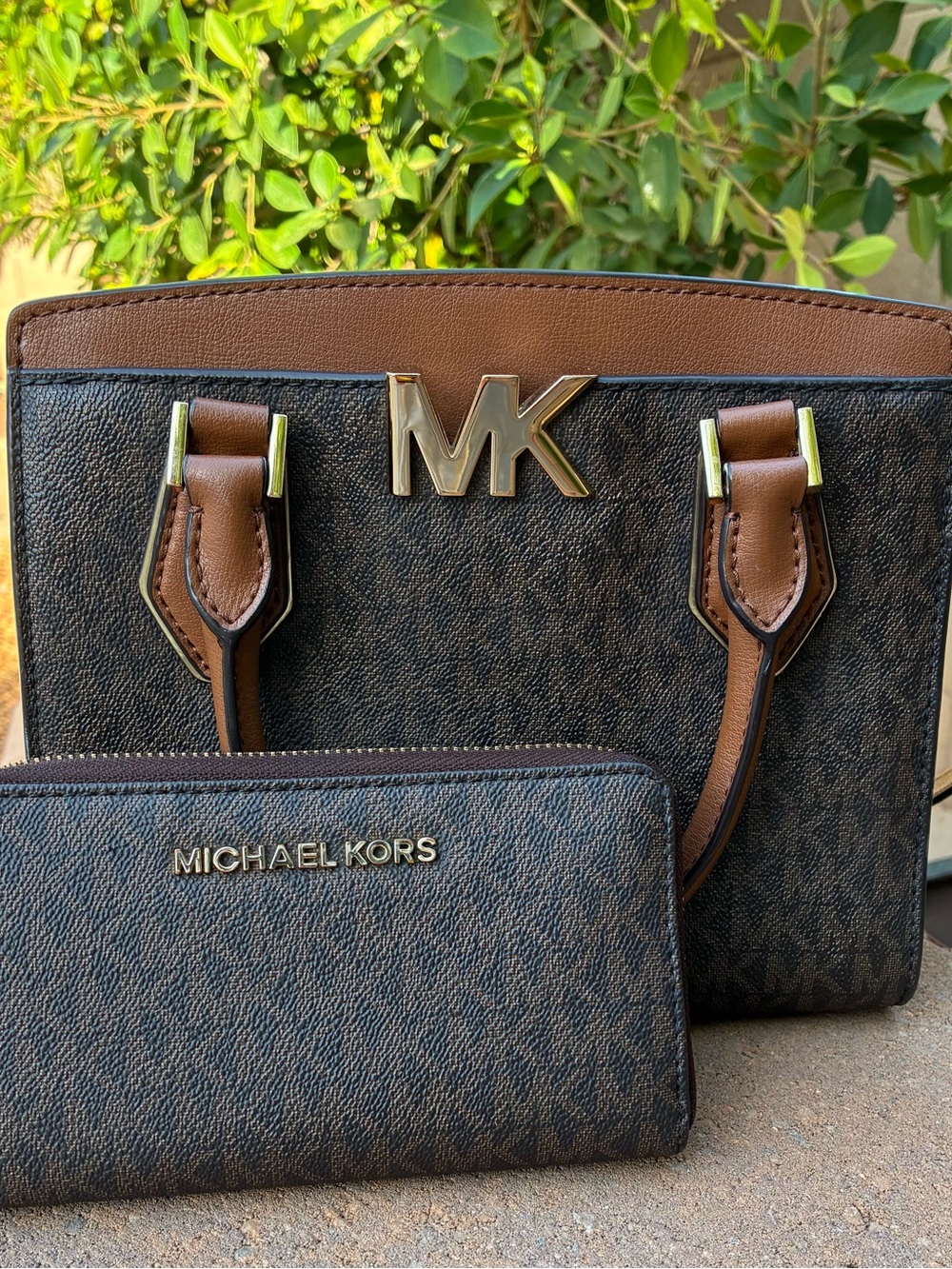 Michael Kors Brown and Tan Logo Satchel with Matching Zip Wallet